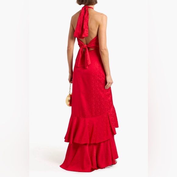 Johanna Ortiz Red Balladist tiered satin-jacquard halterneck maxi dress - Picture 2 of 4